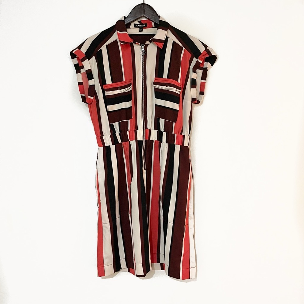 Express White, Brown, Coral & Maroon Striped Dress